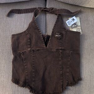 Bodied by Uchis brown denim halter top and matching skinny jeans